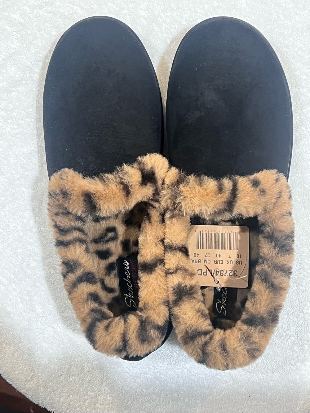 Skechers Black Slip-On Slippers with Brown Leopard Faux-Fur Trim